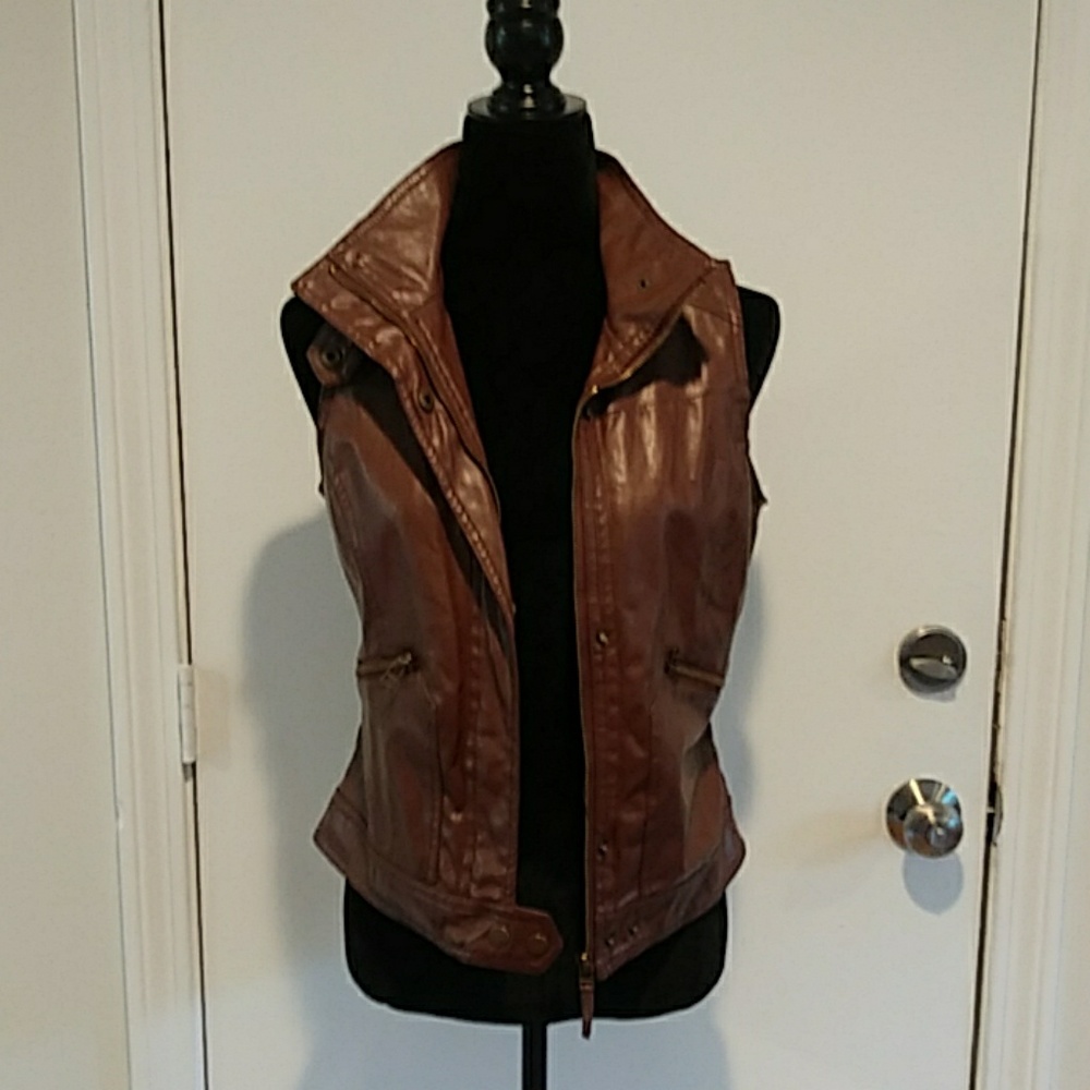 Brown faux leather moto vest